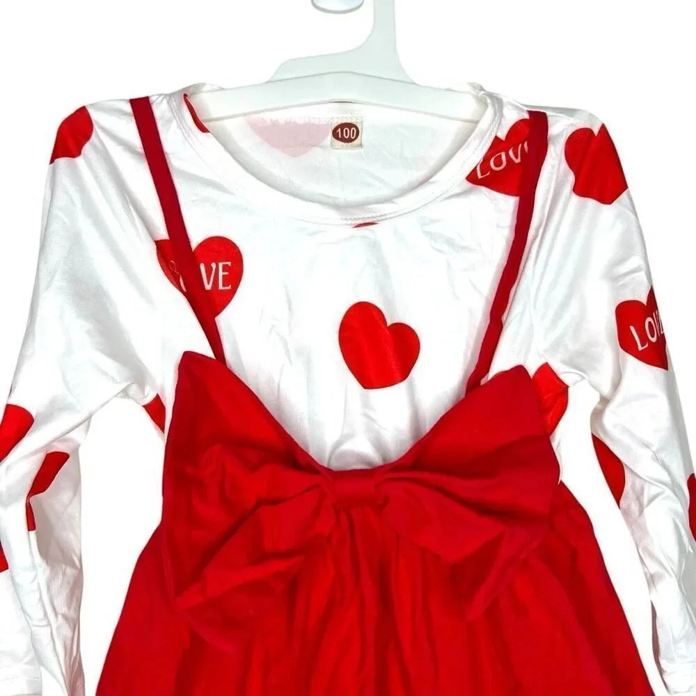 Girls Valentine Outfit Long Sleeve Heart Top with Red Suspender Bow Skirt Size 1